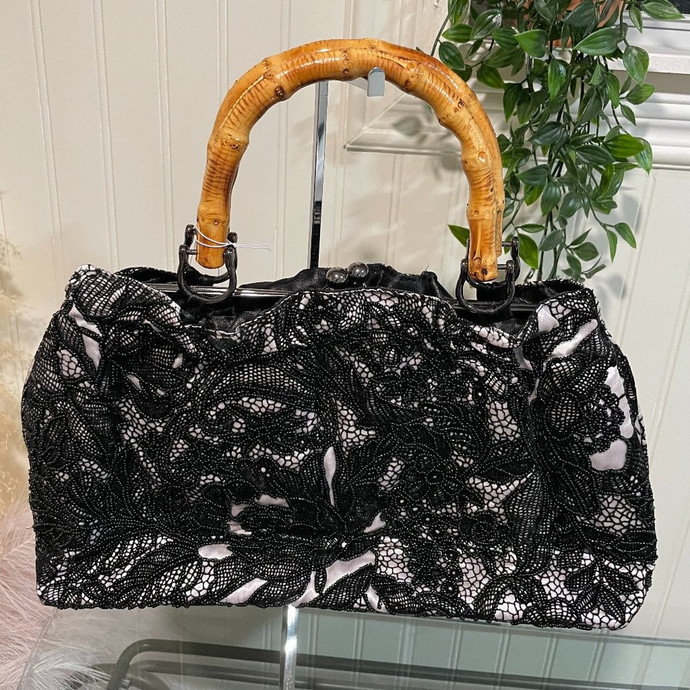 Floral Beaded & Bamboo Handles Purse Satchel Handbag Fun Evening Holiday